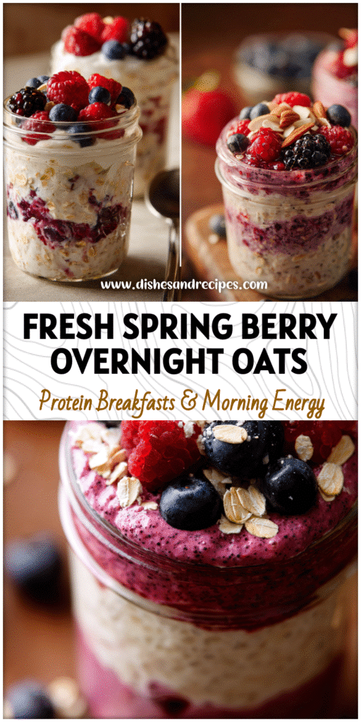 A jar of Mixed Berry Overnight Oatmeal made with rolled oats, fresh berries, and creamy layers in a healthy breakfast setting.